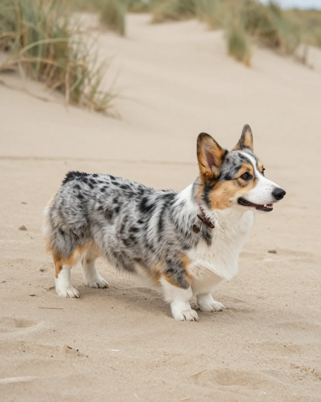 A side view of a blue merle Cardigan Welsh Corgi standing on a sandy dune path with beach grass in the background.