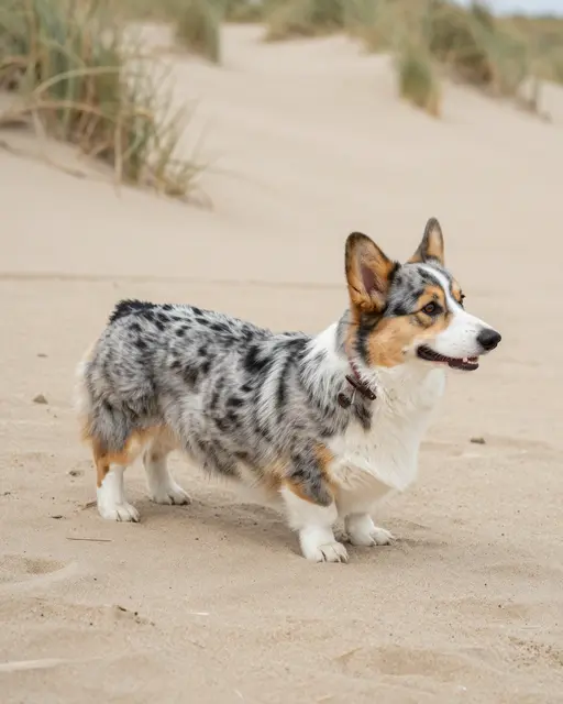 A side view of a blue merle Cardigan Welsh Corgi standing on a sandy dune path with beach grass in the background.