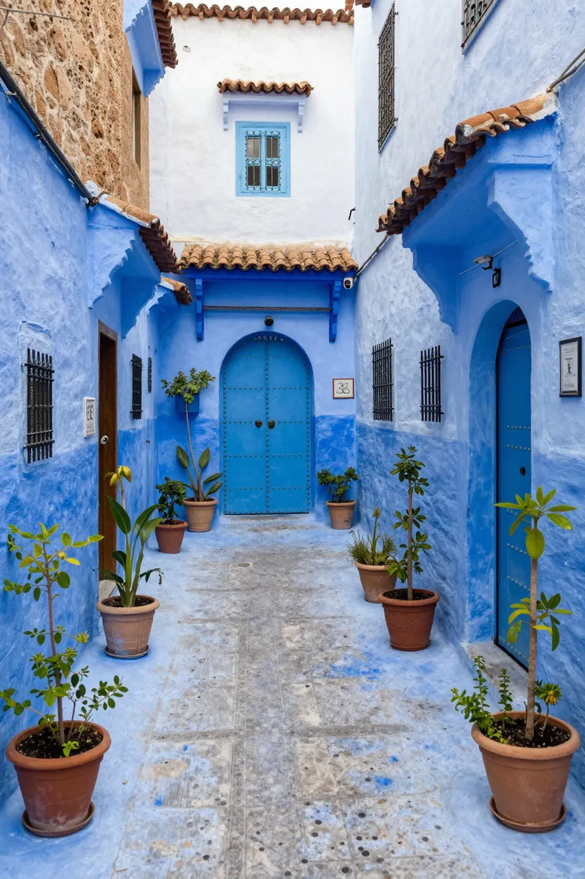A sunlit narrow alley lined with bright blue plaster walls and terracotta potted plants in a Moroccan mountain town.