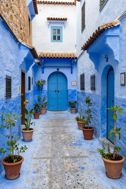 A sunlit narrow alley lined with bright blue plaster walls and terracotta potted plants in a Moroccan mountain town.