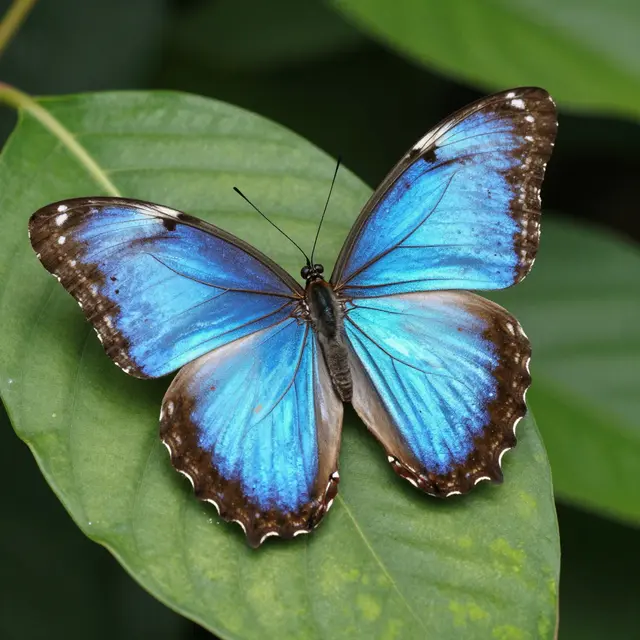 Iridescent blue morpho butterfly rests with spread wings on a broad green leaf.