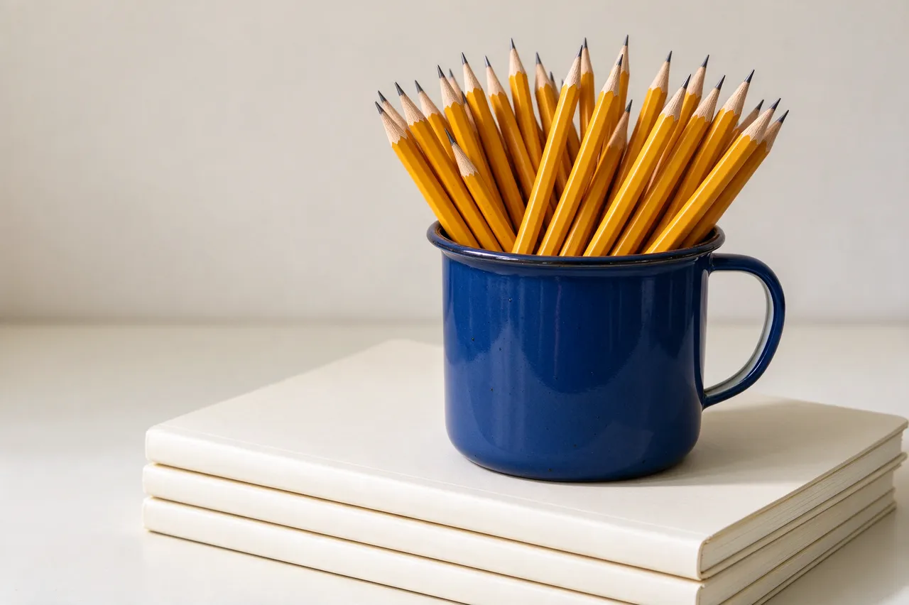 Blue enamel mug filled with sharpened yellow pencils rests on a stack of plain white notebooks against a pale neutral wall