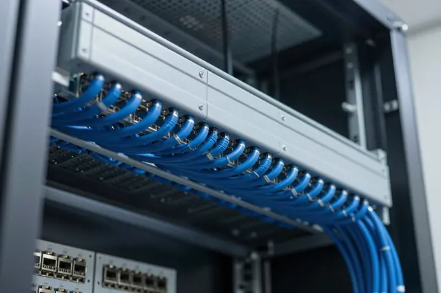 Close-up view of neatly routed blue ethernet cables plugged into a server rack patch panel in a data center