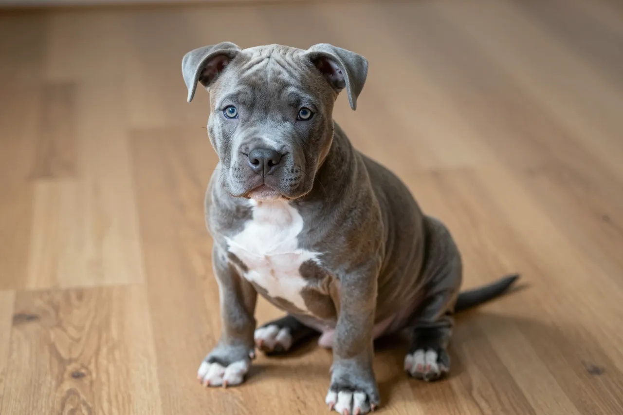 A gray and white blue-nose pitbull puppy sits politely on a light wooden floor looking at the camera.