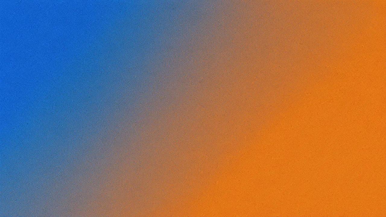 A smooth duotone diagonal gradient from deep blue to warm orange with fine heavy grain texture