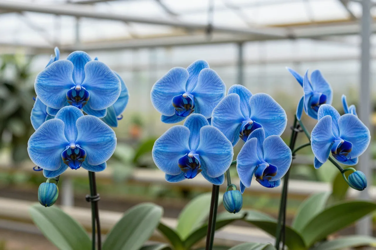 Vibrant blue vanda orchid blooms stand in sharp focus against a blurred greenhouse background