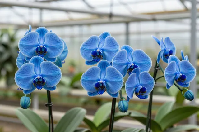 Vibrant blue vanda orchid blooms stand in sharp focus against a blurred greenhouse background