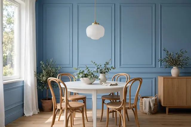 Bright minimalist dining room with powder blue paneled walls, round white table and bentwood chairs