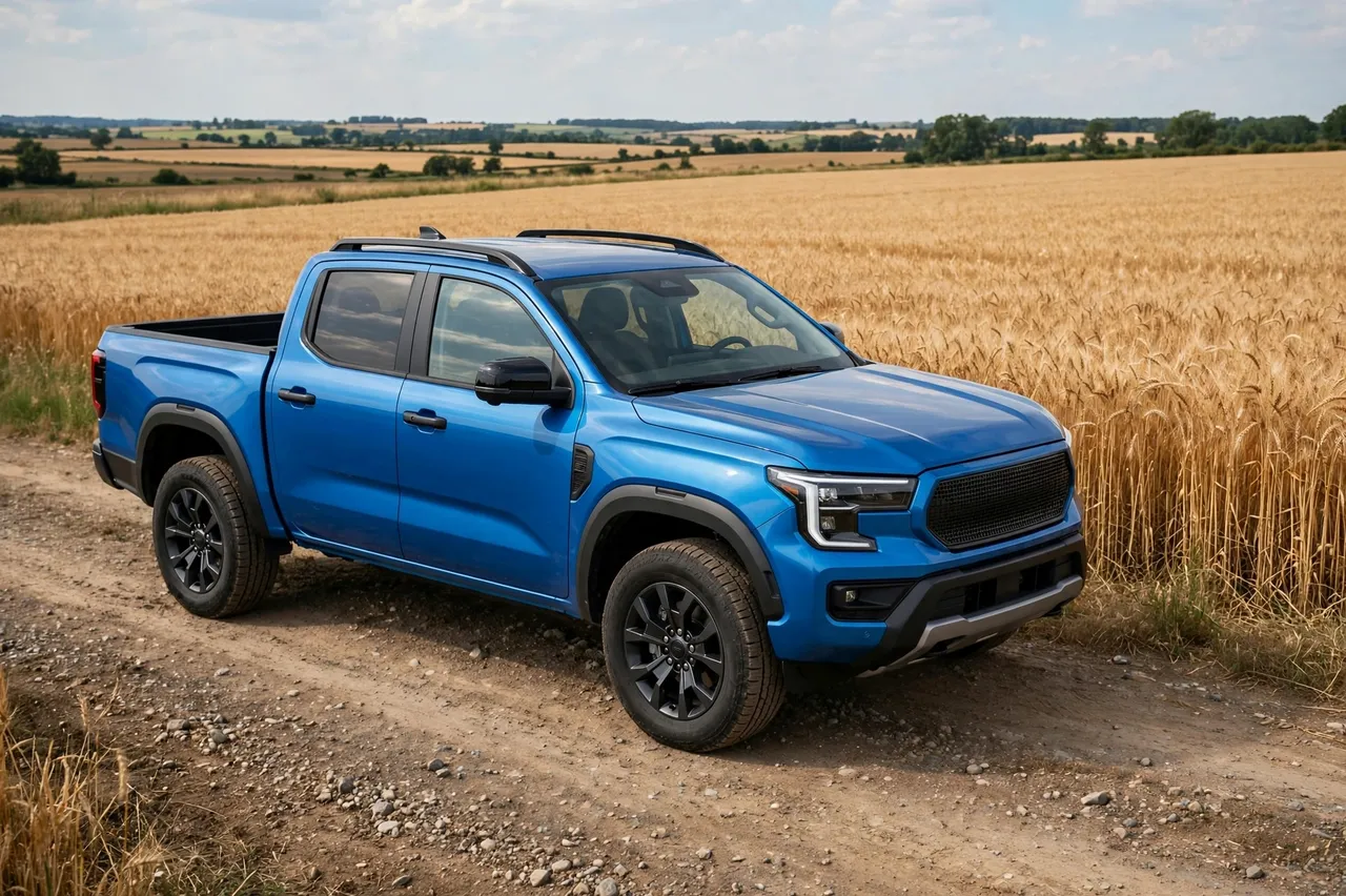 A modern blue pickup truck sits parked on a dirt farm road next to a ripe golden wheat field under a partly cloudy sky.