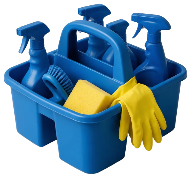 A blue cleaning caddy holds spray bottles, a scrub brush, sponge, and yellow rubber gloves.