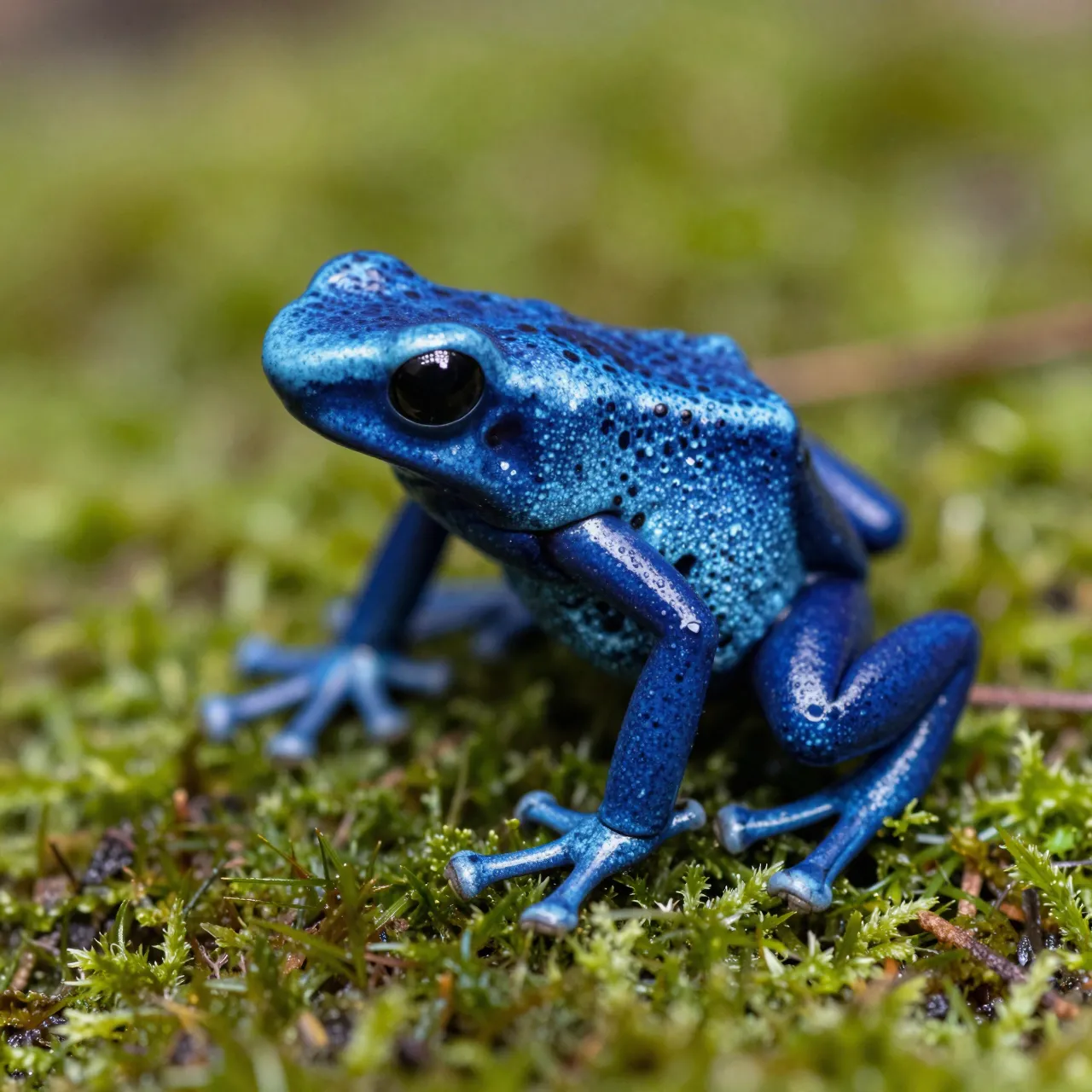 A bright blue spotted poison dart frog sits perched on damp green moss in macro close-up
