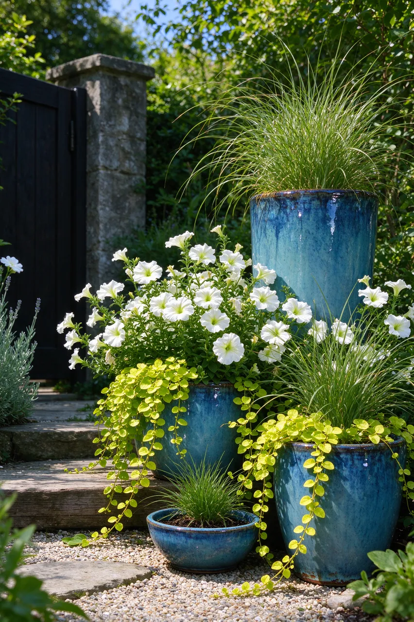 Glazed blue plant pots with ornamental grasses, white petunias and chartreuse trailing vines sit beside a stone garden gate