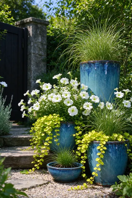 Glazed blue plant pots with ornamental grasses, white petunias and chartreuse trailing vines sit beside a stone garden gate
