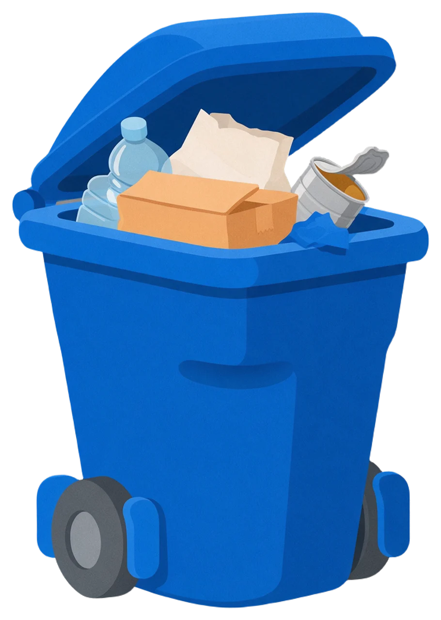 Open blue wheeled recycling bin holding cardboard, a plastic bottle, tin can and paper.