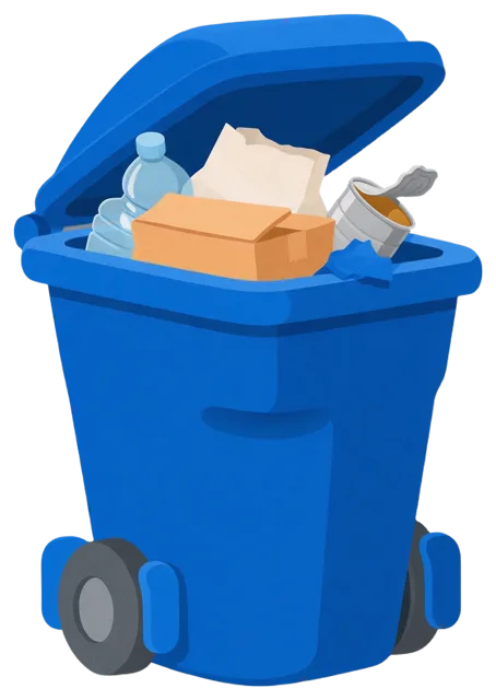 Open blue wheeled recycling bin holding cardboard, a plastic bottle, tin can and paper.