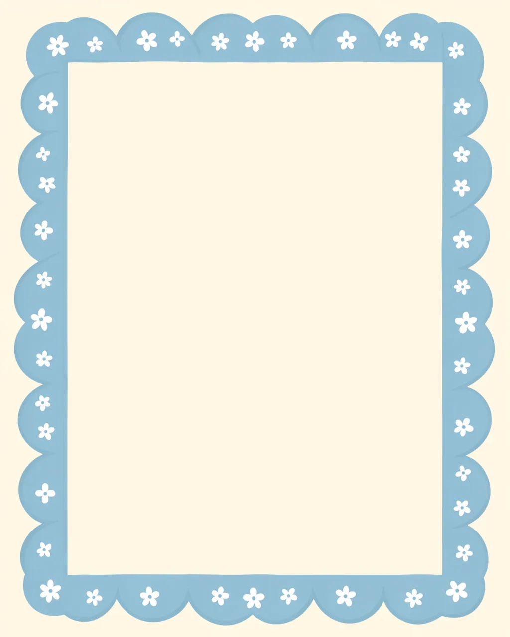 A soft blue scalloped frame decorated with tiny white flowers sits on a cream background with empty copy space inside.