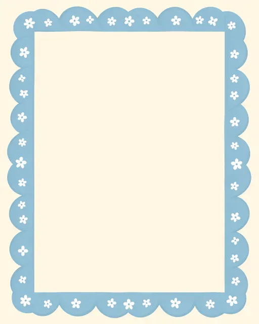 A soft blue scalloped frame decorated with tiny white flowers sits on a cream background with empty copy space inside.