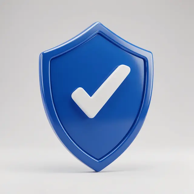 Glossy 3D blue shield with a raised white check mark sits against a soft light gray background