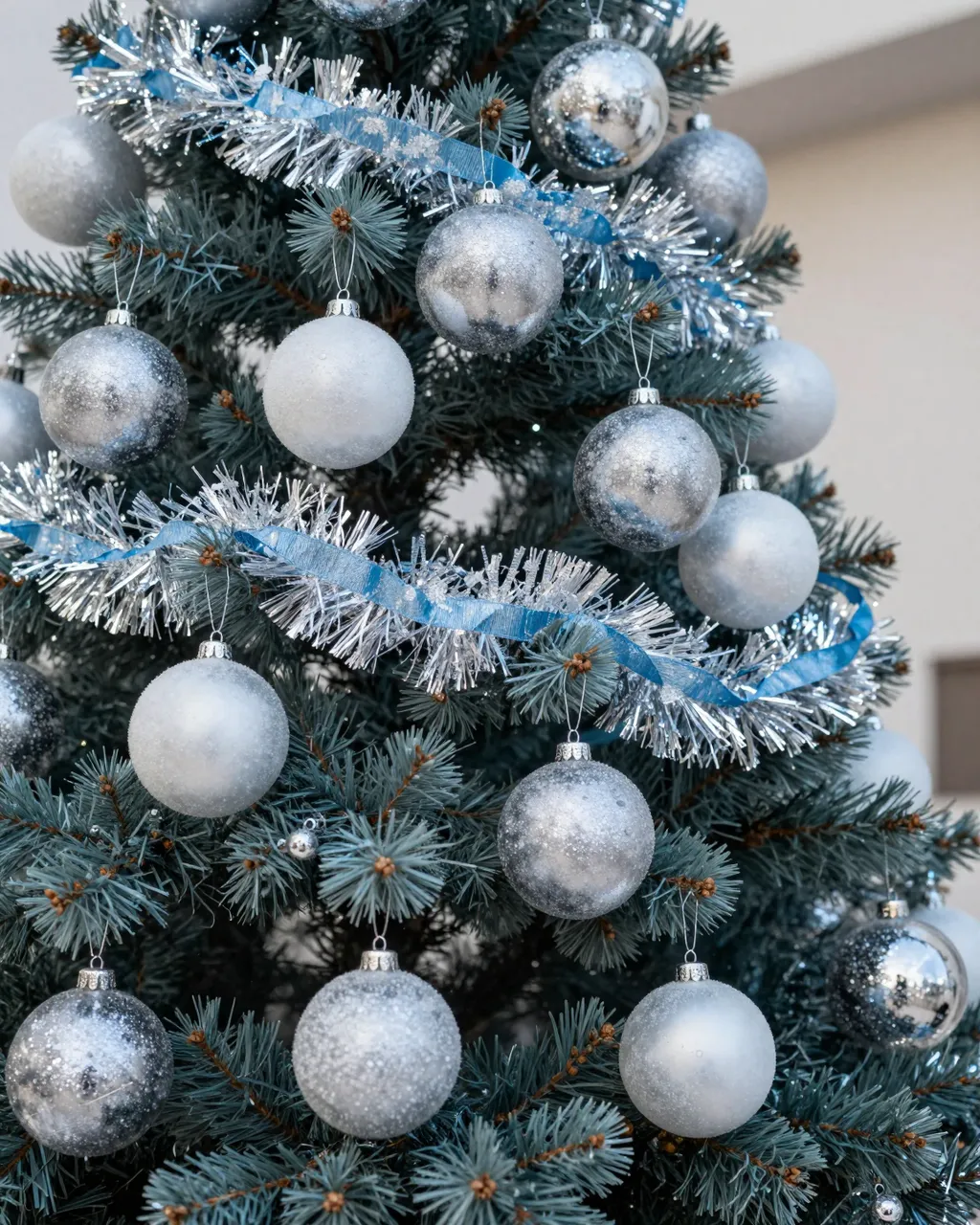 Close-up of a decorated fir Christmas tree with frosted baubles, silver tinsel, and icy blue ribbon.