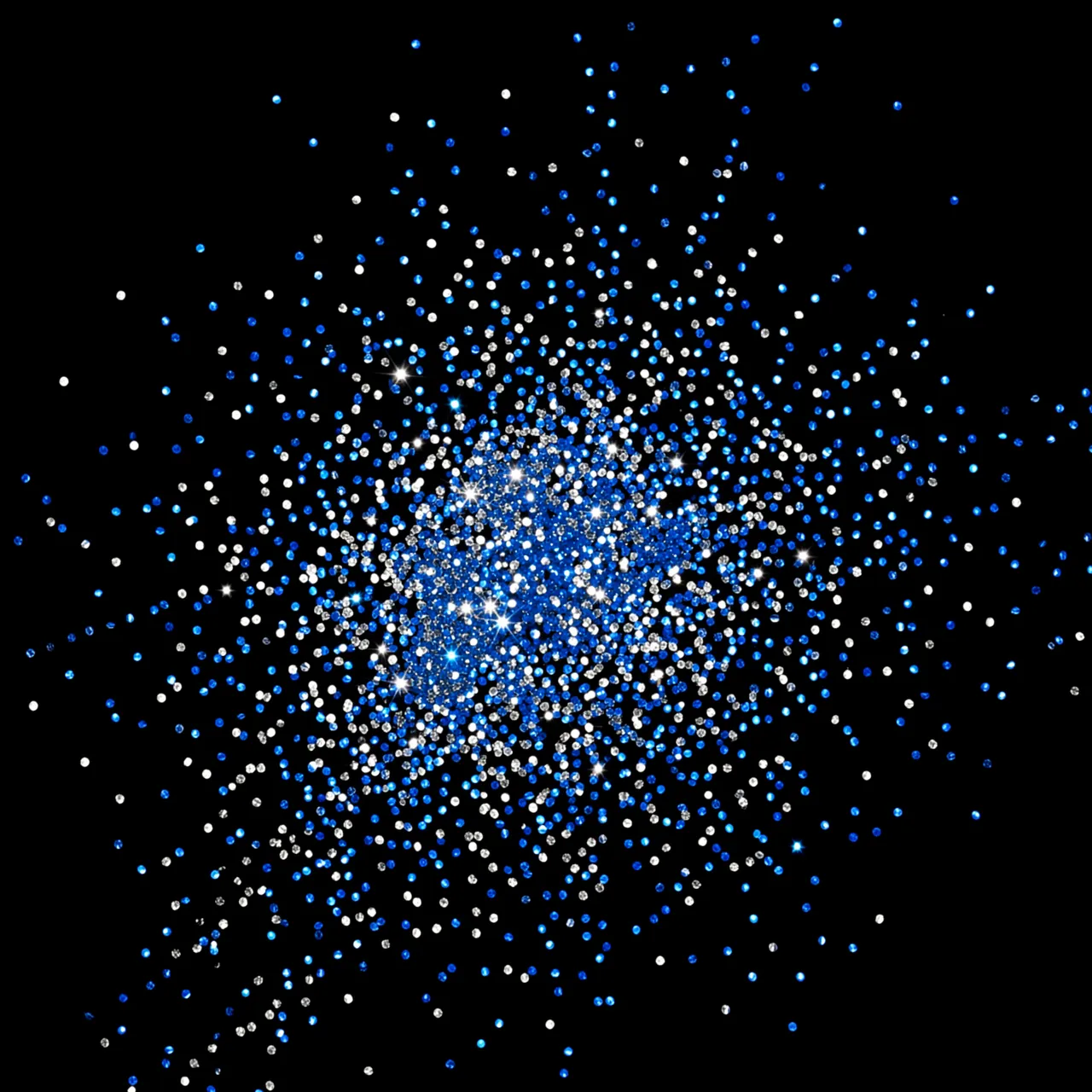 Scattered blue and silver twinkling glitter bursts outward across a solid pure black background