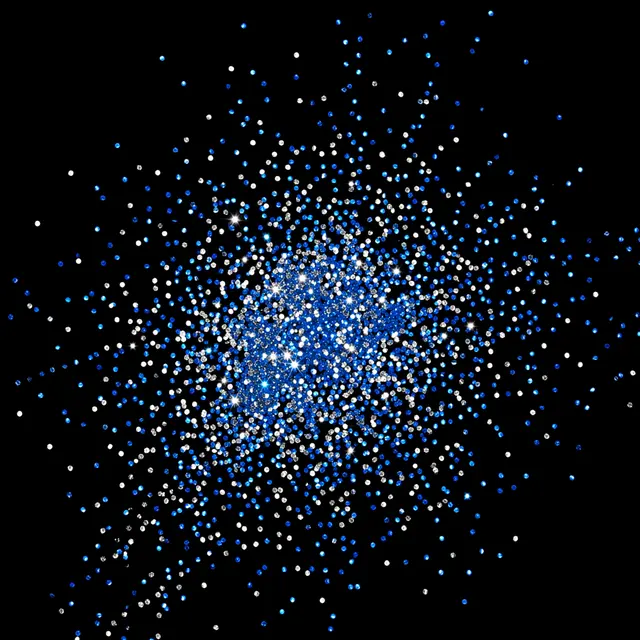 Scattered blue and silver twinkling glitter bursts outward across a solid pure black background