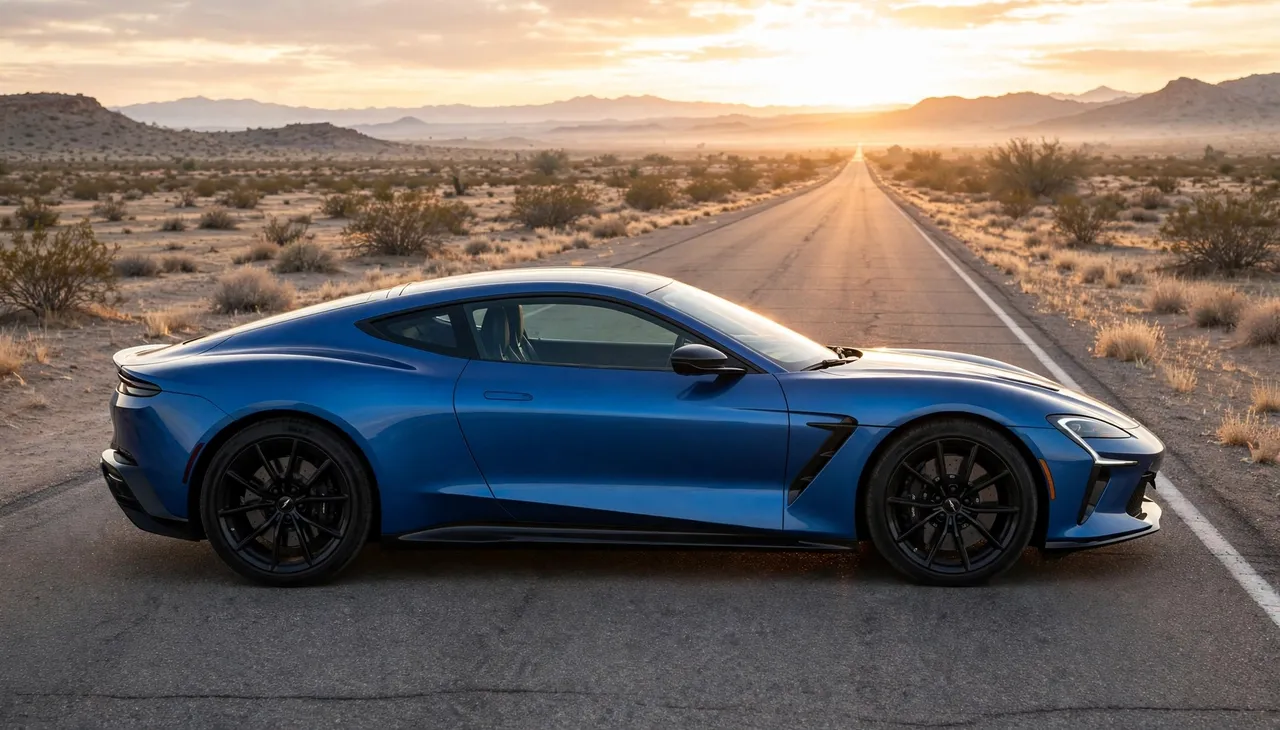 Side view of a modern blue sports car parked on a straight desert highway at sunrise