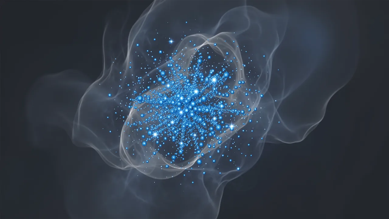 A dense young blue star cluster sits wrapped in wispy translucent nebula against a dark space background