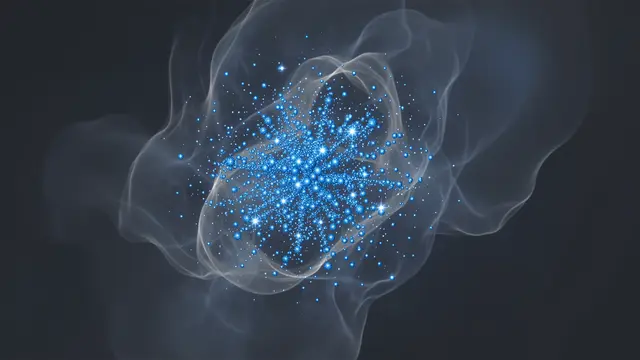 A dense young blue star cluster sits wrapped in wispy translucent nebula against a dark space background