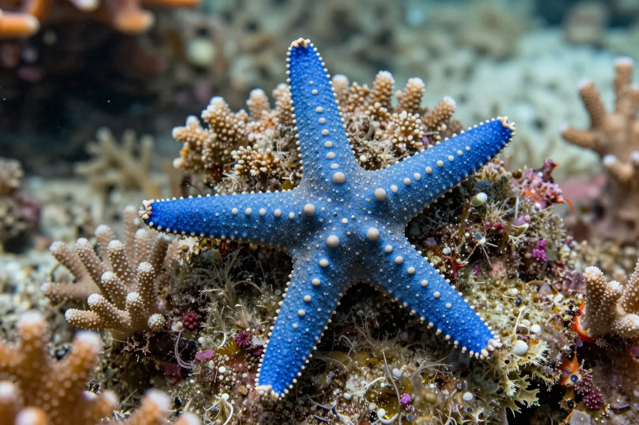 A vibrant blue dotted starfish rests atop a textured stony coral reef underwater.