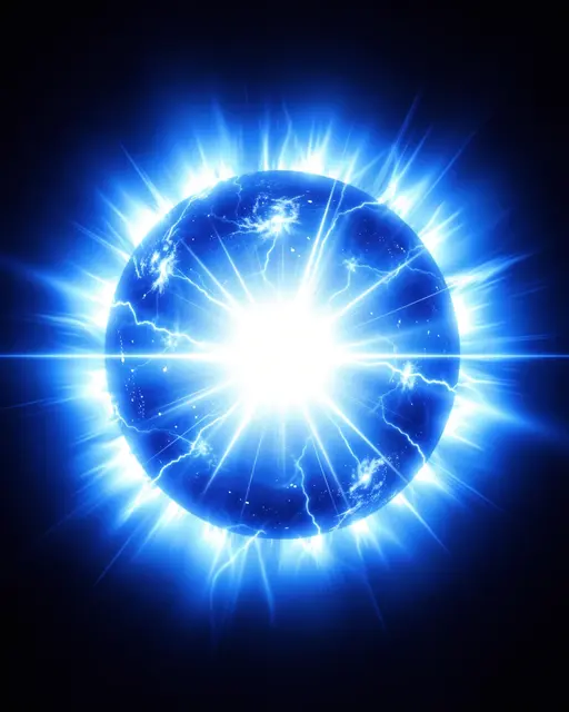 A glowing blue supergiant star emits intense white light surrounded by a radiant gas halo against dark space.