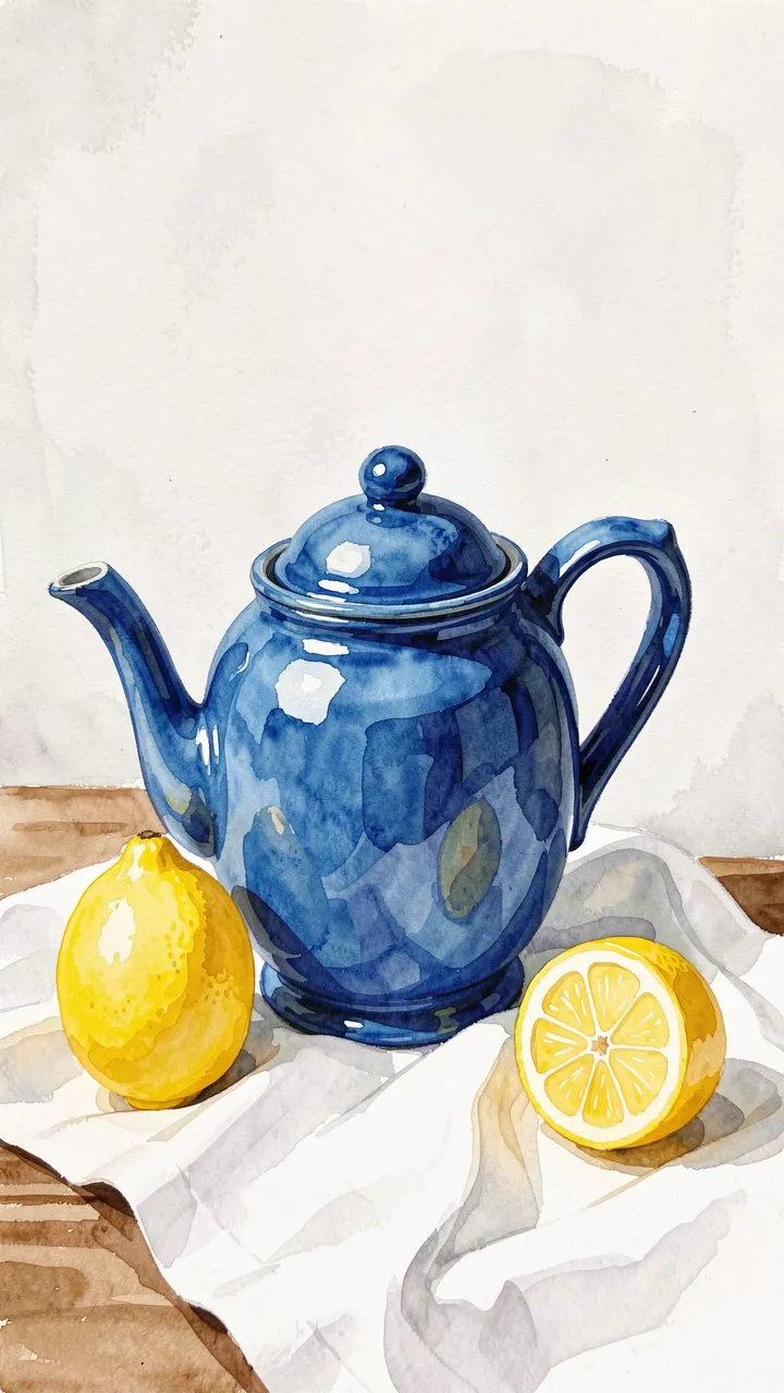 Watercolor still life of a glossy blue teapot, whole and halved lemon, resting on a draped white cloth over wood.