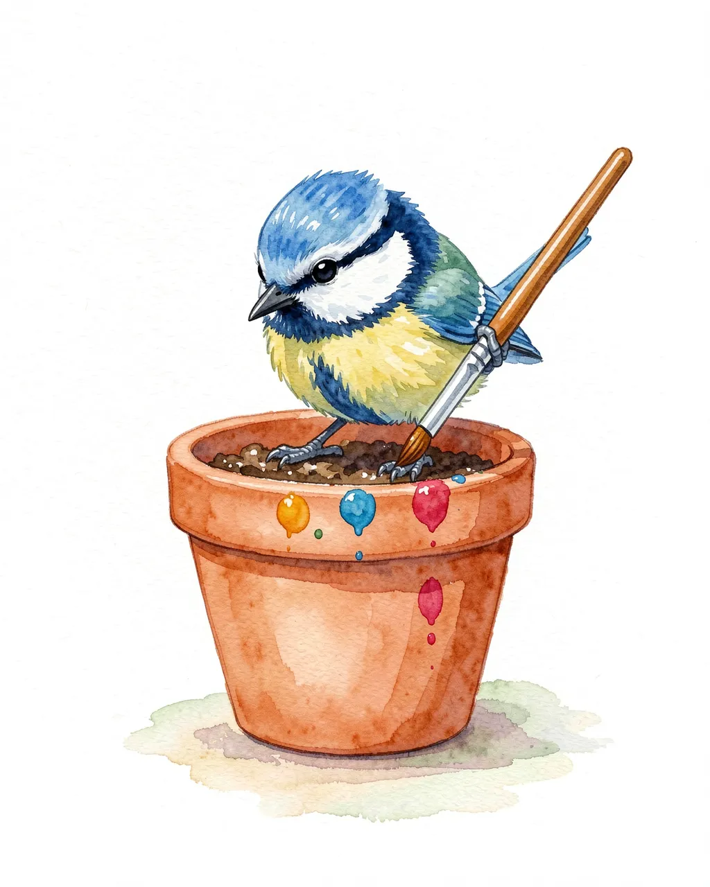 A watercolor blue tit holds a tiny paintbrush while decorating a terracotta flowerpot with colorful paint dots.