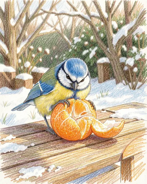 Colored pencil drawing of a blue tit standing on a snow-dusted garden table holding a partially peeled clementine in winter