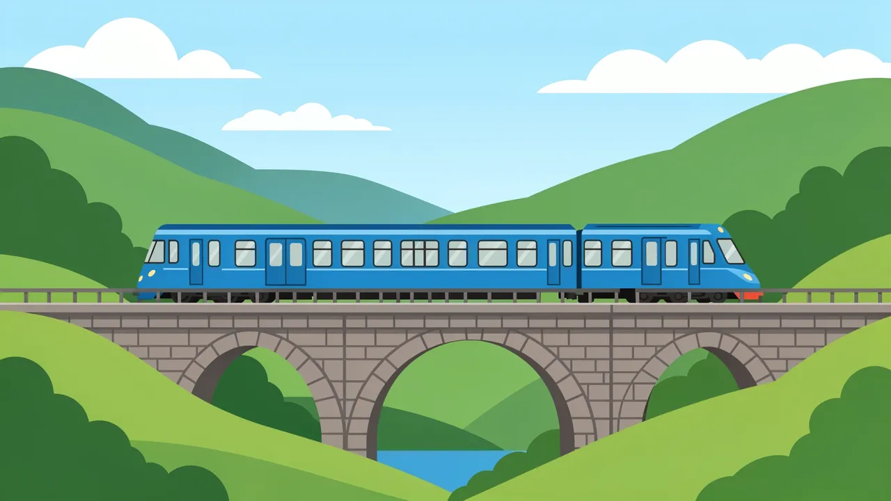 Flat vector illustration of a blue passenger train traveling across a stone arch bridge over a green valley.
