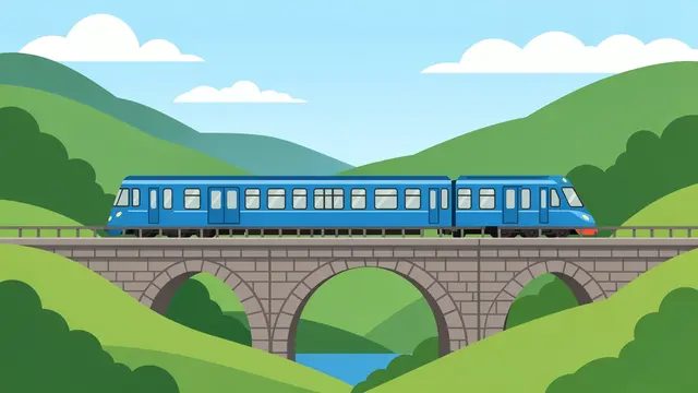 Flat vector illustration of a blue passenger train traveling across a stone arch bridge over a green valley.