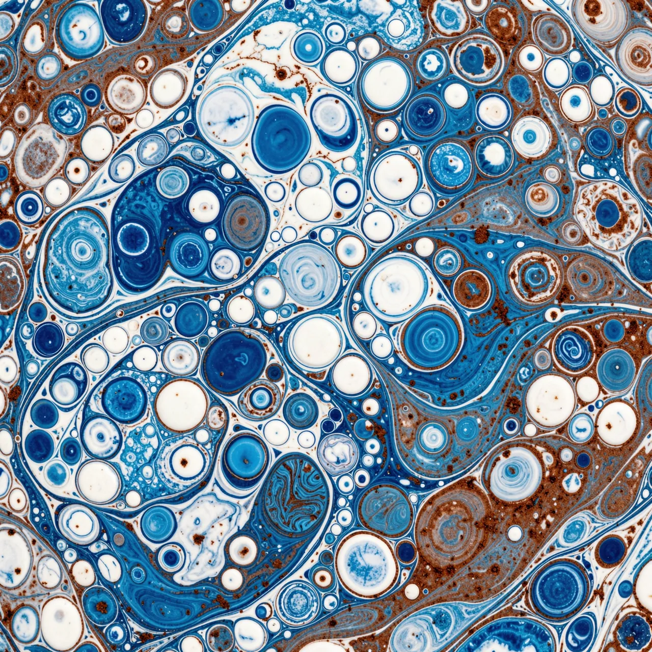Intricate ebru marbling pattern with overlapping circular fluid drops in blue, white, and rust tones