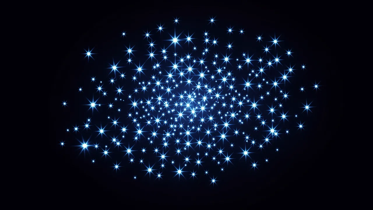 A dense open cluster of bright blue-white stars with sharp light spikes against a deep dark night sky