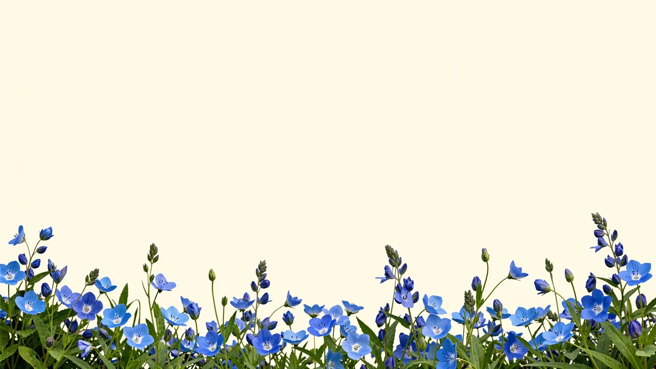A row of blue wildflowers lines the bottom edge of a plain cream background with empty copy space above.