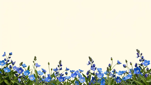 A row of blue wildflowers lines the bottom edge of a plain cream background with empty copy space above.