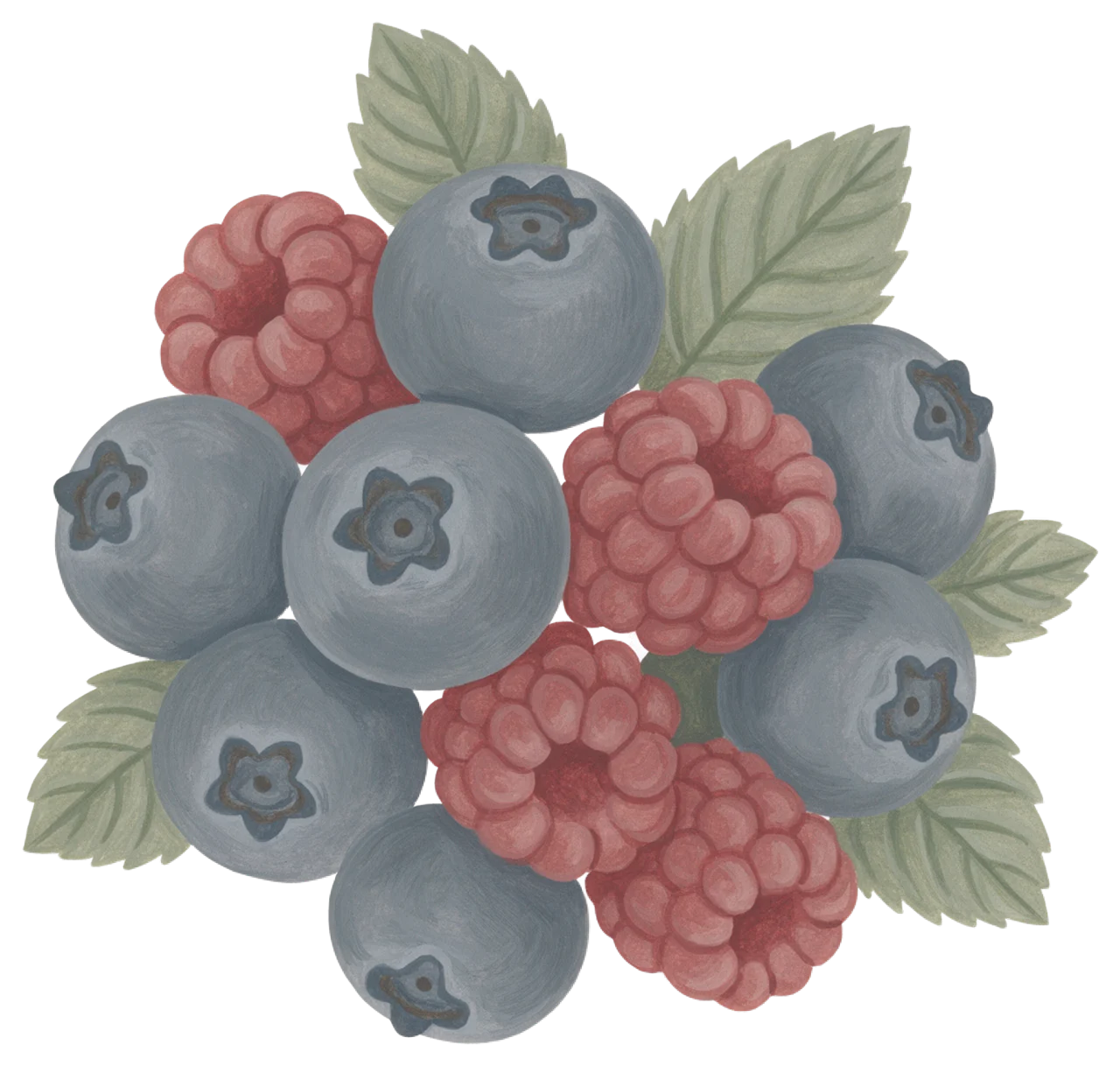 Hand-painted gouache illustration of a clustered arrangement of blueberries, raspberries and small green leaves