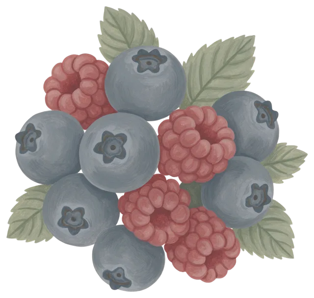 Hand-painted gouache illustration of a clustered arrangement of blueberries, raspberries and small green leaves