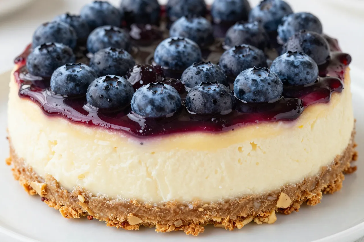 Close-up view of a whole blueberry cheesecake topped with glossy berry glaze and fresh blueberries on a white plate
