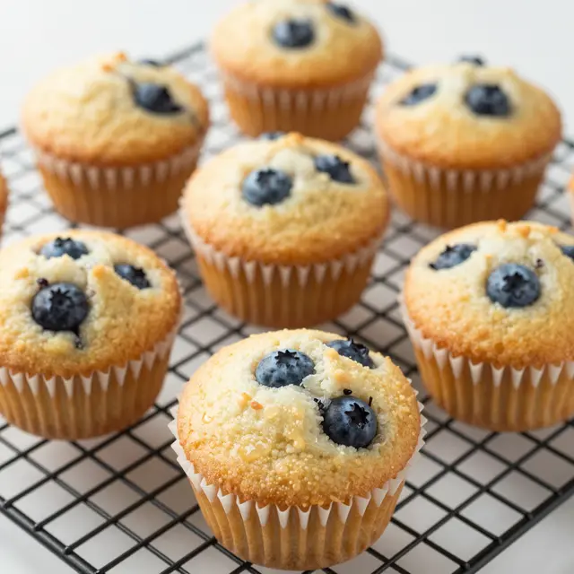 Fresh baked blueberry muffins rest on a black wire cooling rack over a light countertop