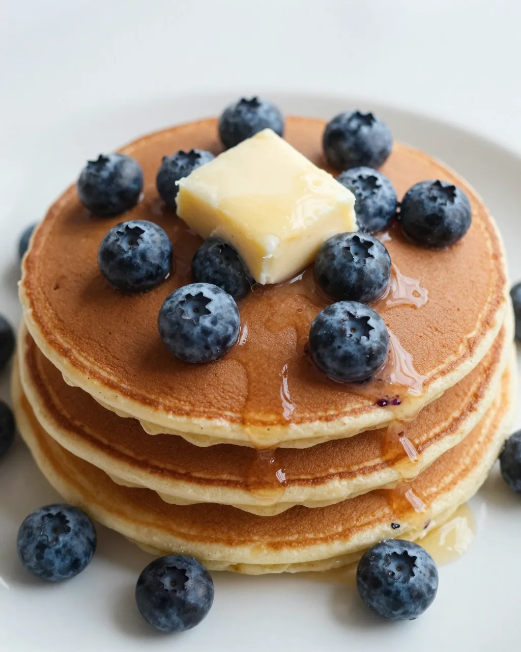 A stack of golden pancakes topped with melting butter, fresh blueberries, and syrup on a white plate.