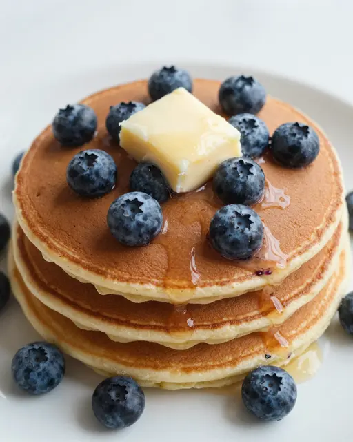 A stack of golden pancakes topped with melting butter, fresh blueberries, and syrup on a white plate.