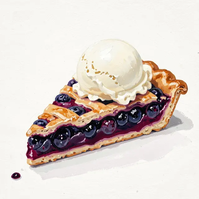 Gouache painting of a lattice crust blueberry pie slice topped with a scoop of vanilla ice cream against a plain off-white