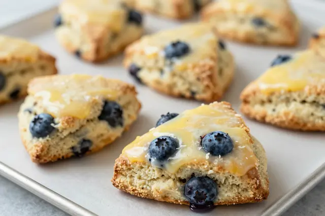 Freshly baked blueberry scones topped with lemon glaze rest on a parchment-lined baking tray