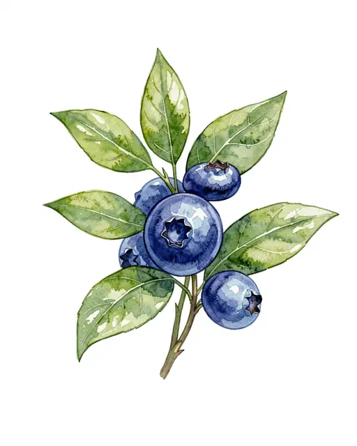 Watercolor illustration of a blueberry sprig with ripe berries and green leaves on a plain white background