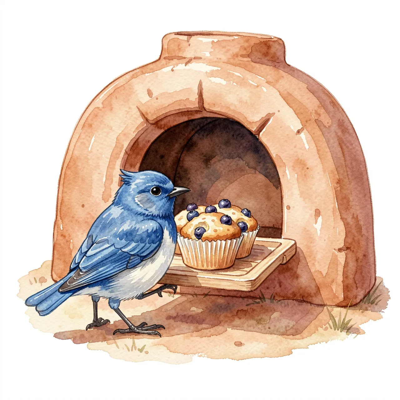 Watercolor illustration of a bluebird pulling a tray of blueberry muffins from a small clay oven