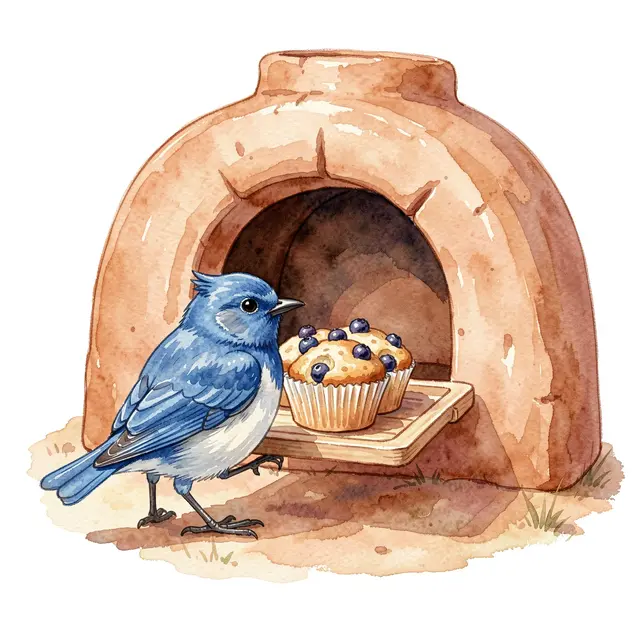 Watercolor illustration of a bluebird pulling a tray of blueberry muffins from a small clay oven